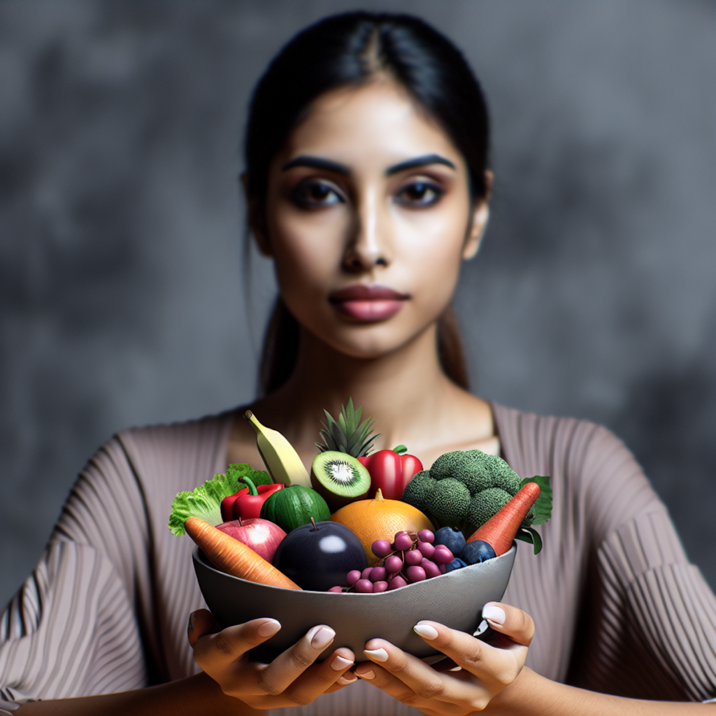 A South Asian woman holding a bowl of colorful fruits and vegetables.
