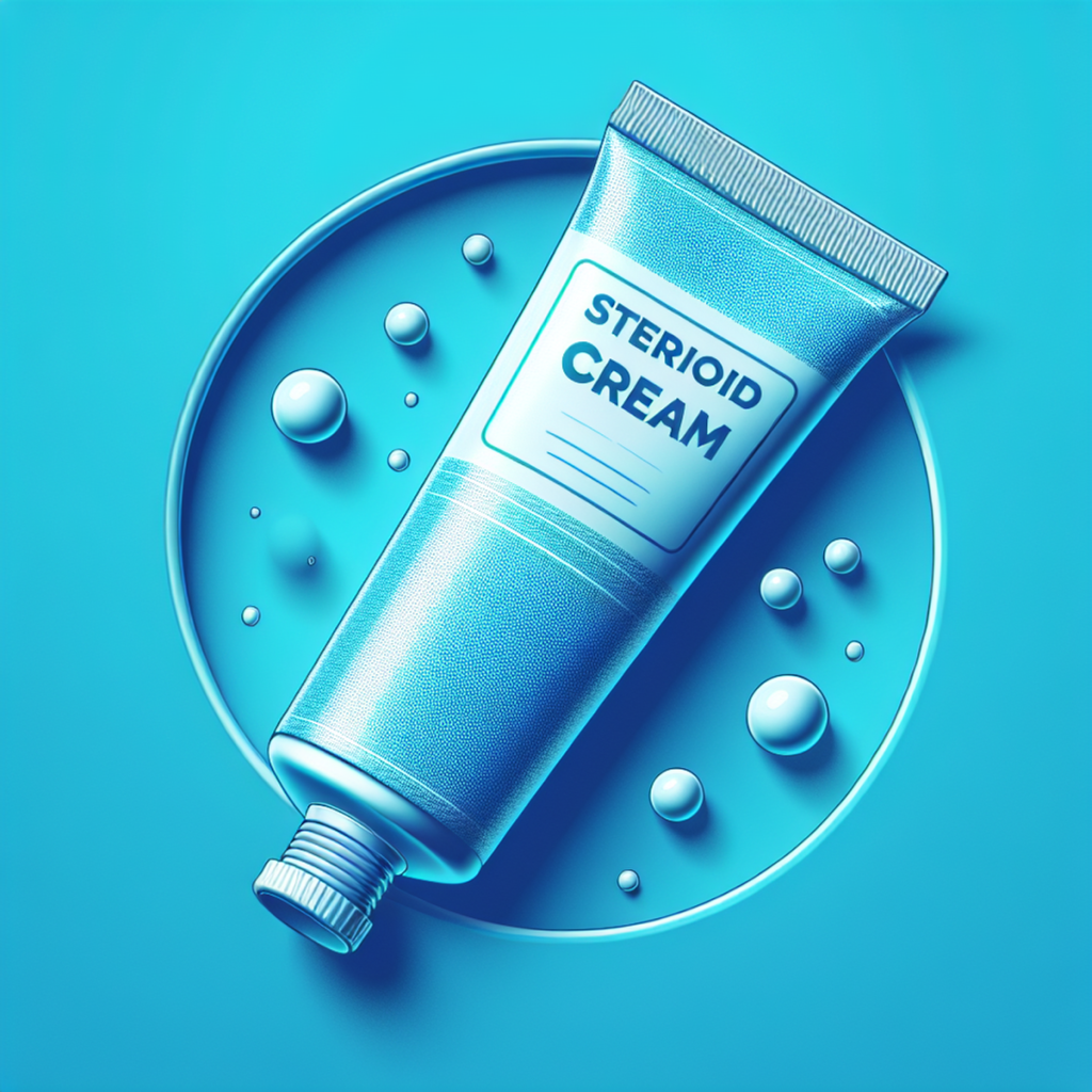 Gambar close-up sebuah tiub silinder krim steroid dengan latar belakang biru menenangkan.