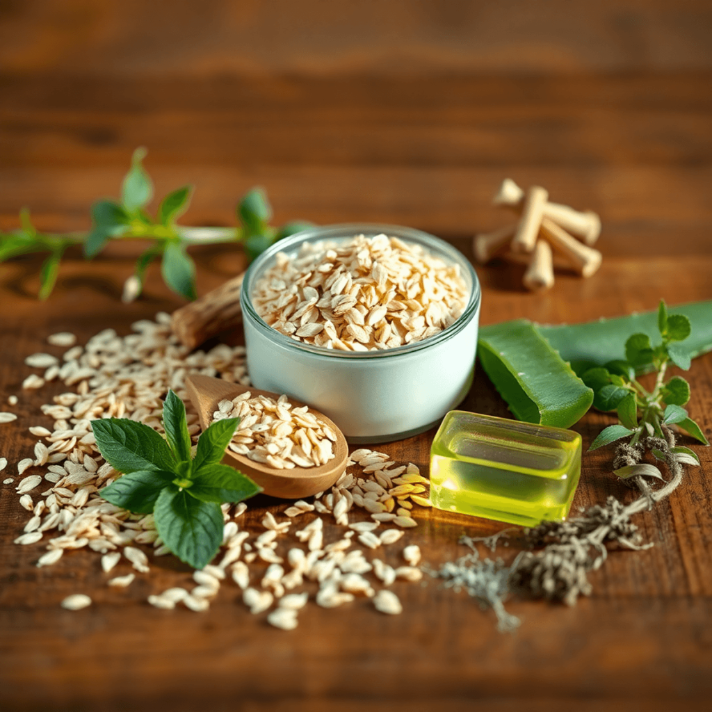 Susunan estetik oatmeal, lidah buaya, dan herba di atas permukaan kayu, disinari dengan cahaya lembut, mempromosikan suasana hangat dan mesra untuk...